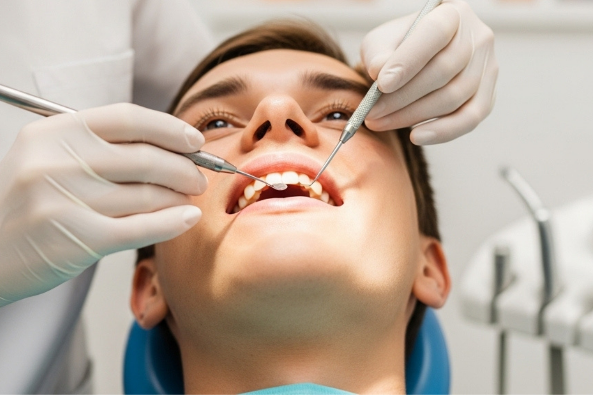 Paciente con una sonrisa saludable durante una limpieza dental profesional para el cuidado y prevención bucal.