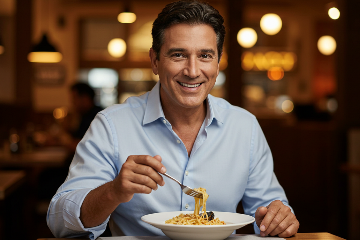 Hombre sonriendo mientras disfruta de una comida en un restaurante, demostrando el éxito a largo plazo de los implantes dentales.