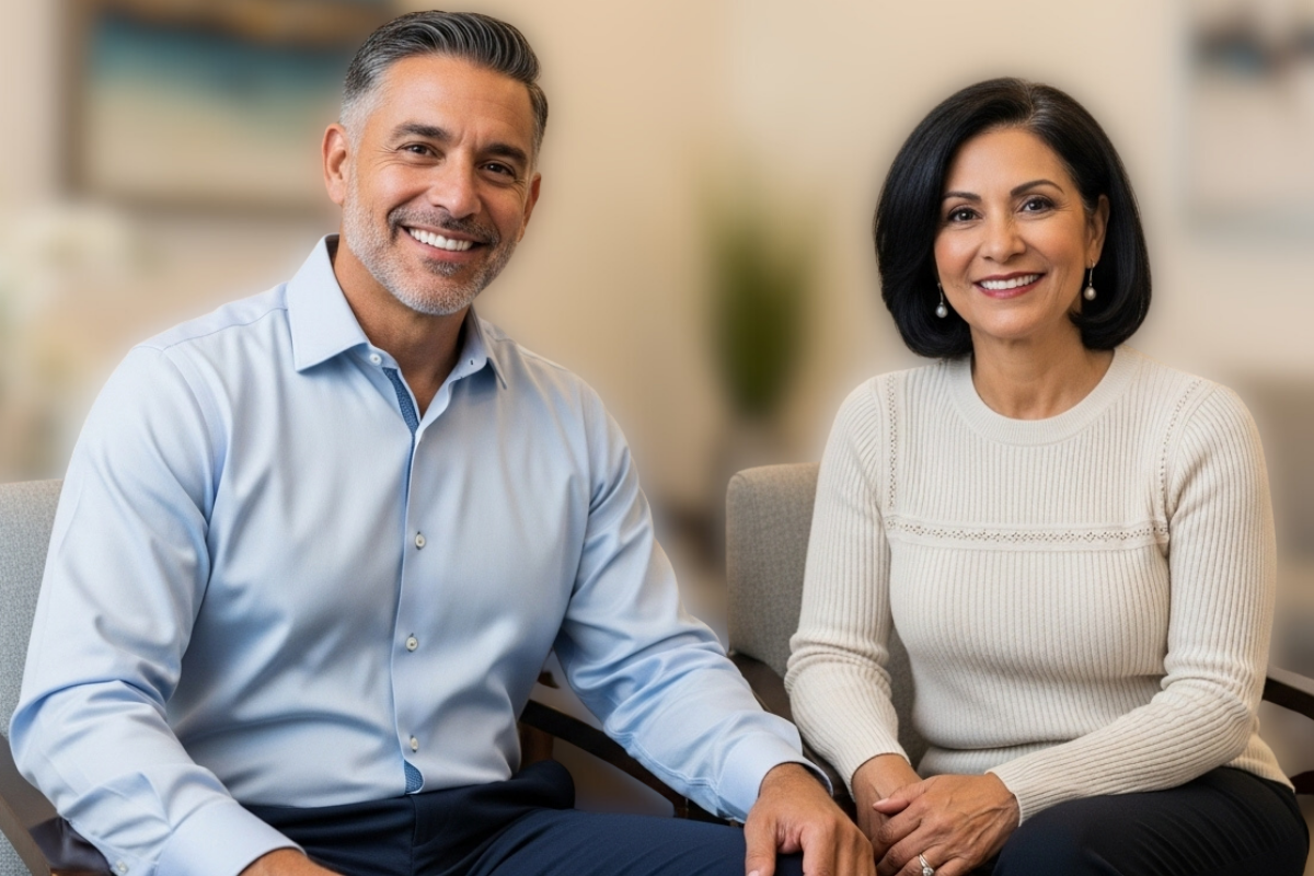Pareja de adultos sonriendo con confianza, representando la satisfacción de los pacientes de Clínica Dental Jardines.