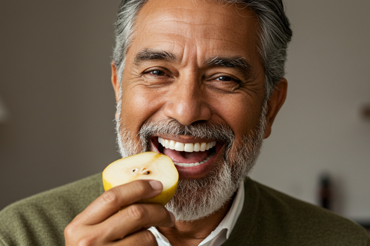 Hombre mayor sonriendo con confianza mientras muerde una pera, demostrando la funcionalidad de su tratamiento de rehabilitación oral.
