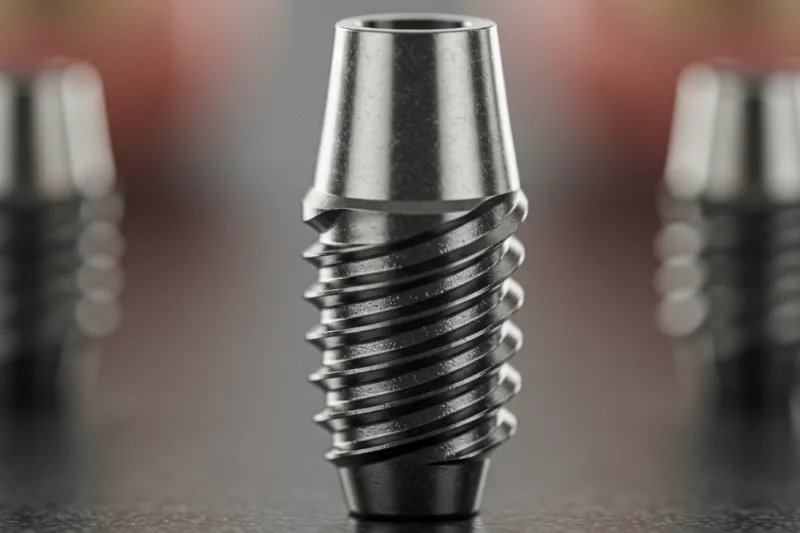 implante-dental-titanio-alta-calidad Primer plano de un implante dental de titanio, mostrando la rosca de alta precisión para una osteointegración exitosa.
