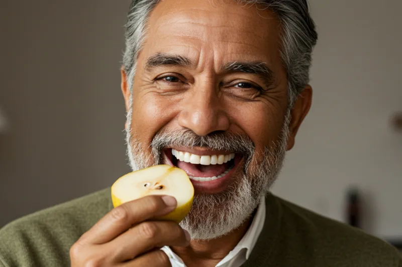 Hombre mayor sonriendo con confianza mientras muerde una pera, demostrando la funcionalidad de su tratamiento de rehabilitación oral.