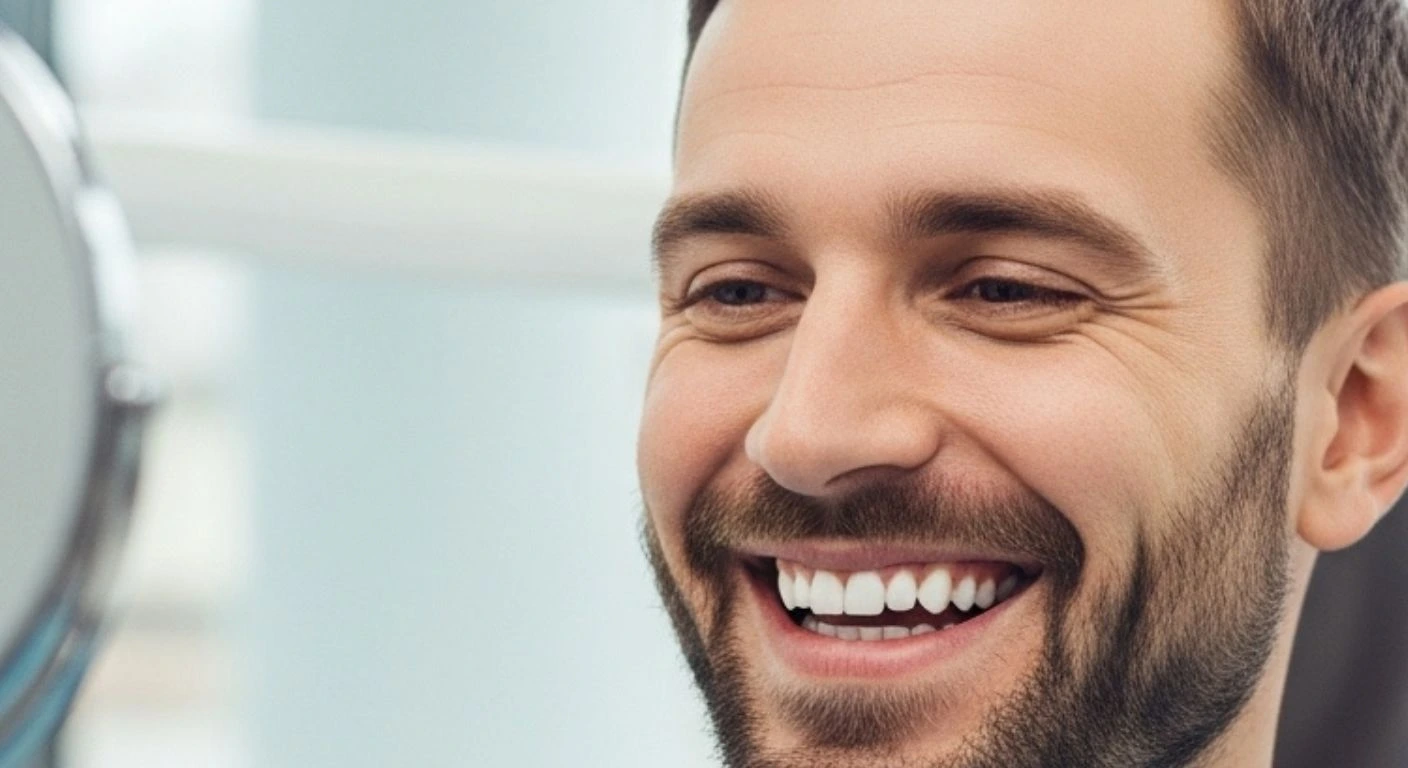 Hombre mayor sonriendo con confianza mientras muerde una pera, demostrando la funcionalidad de su tratamiento de rehabilitación oral.