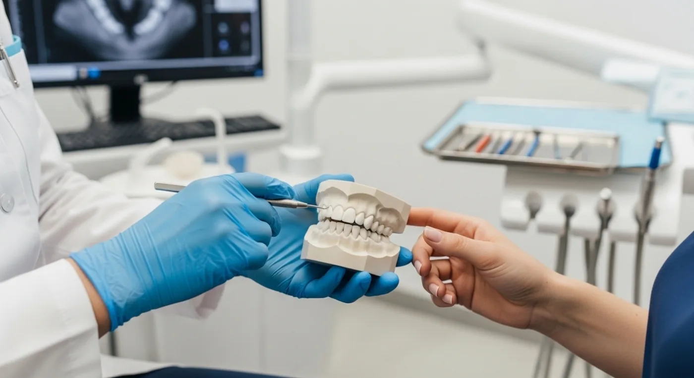 Hombre mayor sonriendo con confianza mientras muerde una pera, demostrando la funcionalidad de su tratamiento de rehabilitación oral.