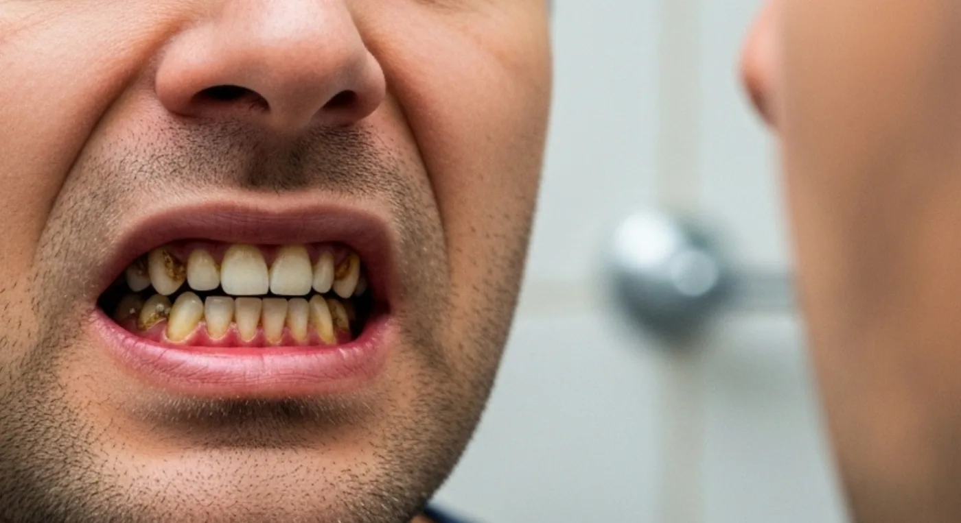 Hombre mayor sonriendo con confianza mientras muerde una pera, demostrando la funcionalidad de su tratamiento de rehabilitación oral.