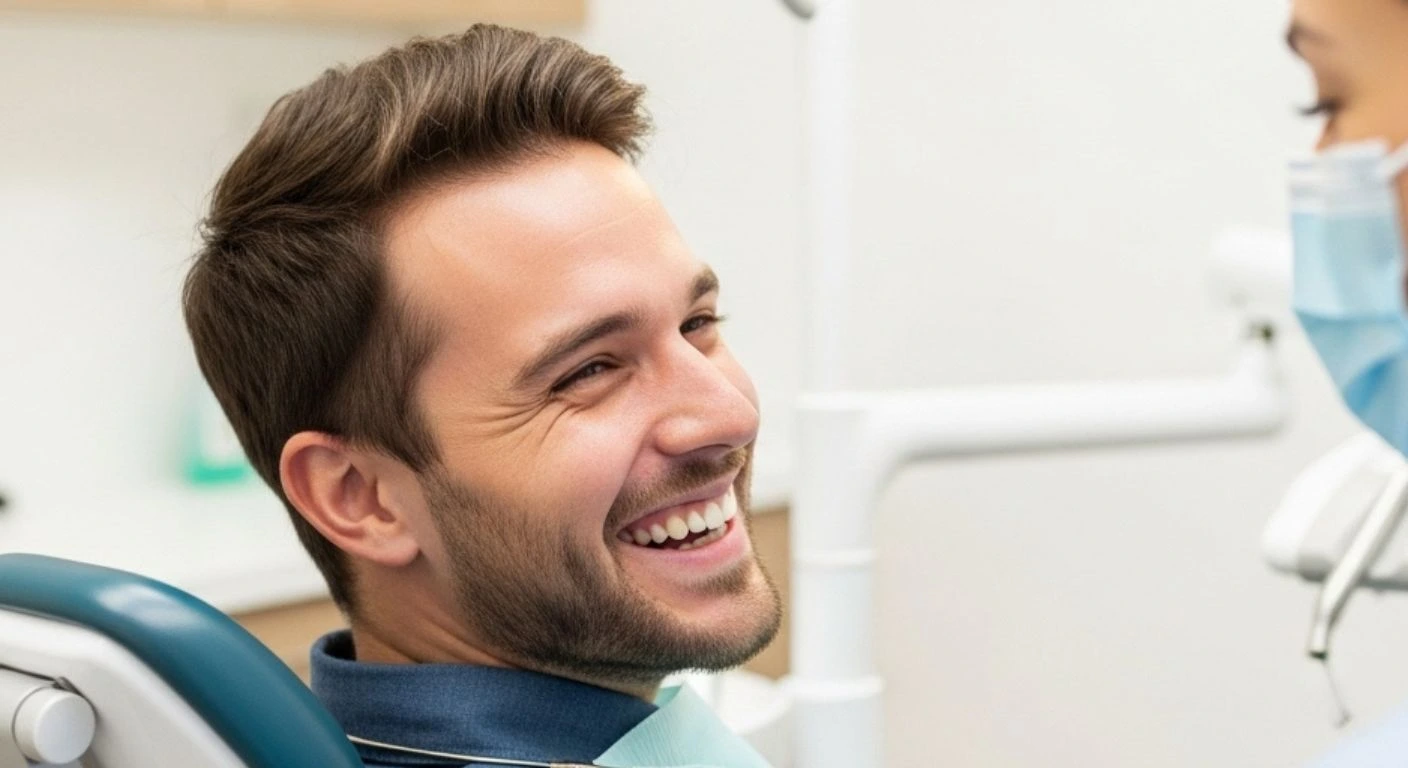 hombre sonriendo en consultorio dental - Cuidado Bucal - Clinica Dental Jardines