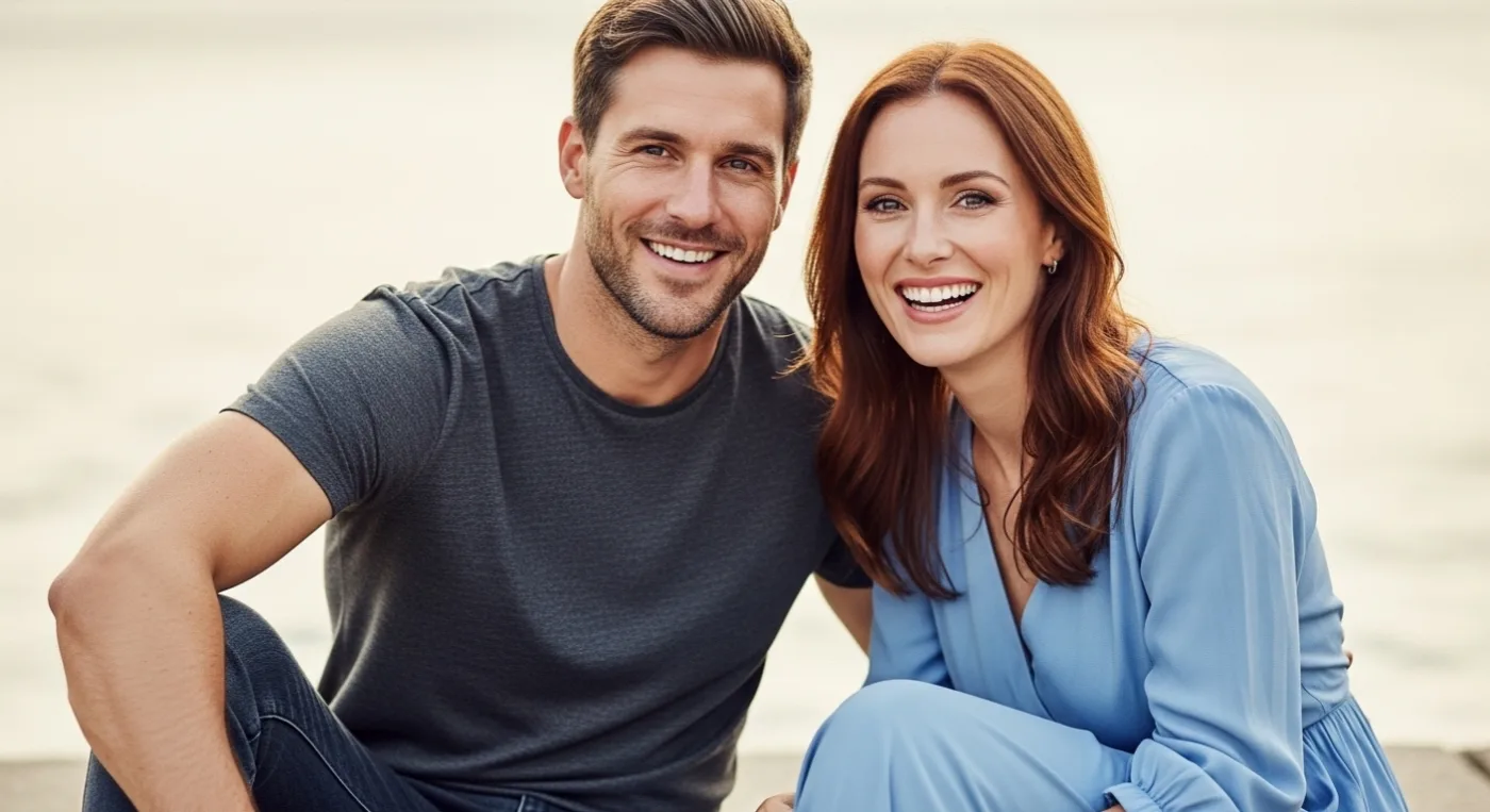pareja-con-buena-salud-bucal Pareja de adultos sonriendo con confianza, representando la satisfacción de los pacientes de Clínica Dental Jardines.