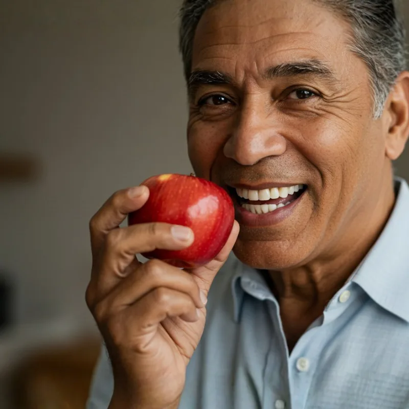Hombre mayor a punto de comer una manzana después de recuperación por cirugía maxilofacial