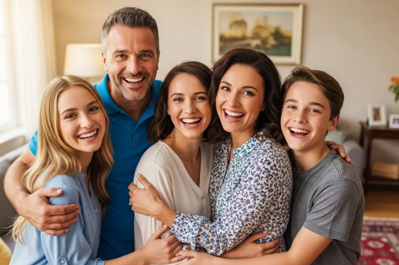 Familia de dos padres con tres hijos sonriendo y felices en su casa después de recibir tratamiento de limpieza dental profesional para una buena salud oral en Clínica Dental Jardines