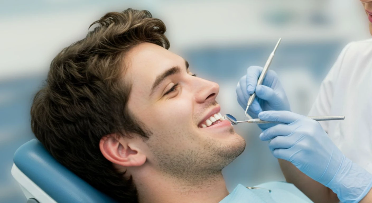Joven de vista lateral sentado en unidad dental que está por recibir tratamiento de salud oral