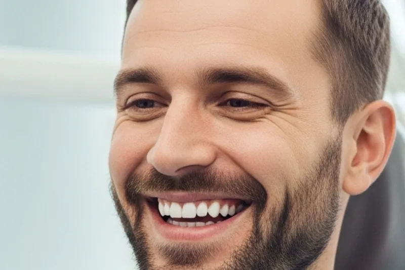 hombre sonriendo con carillas dentales de metal porcelana - Carillas Dentales - Clinica Dental Jardines