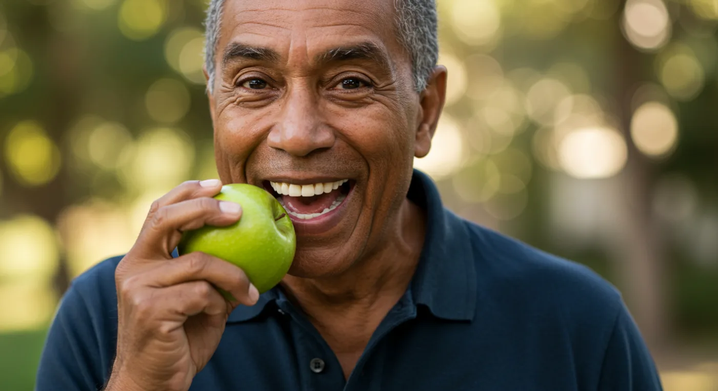 hombre-masticando-con-protesis-dental Hombre masticando una manzana con confianza de mantener su prótesis dental en su lugar