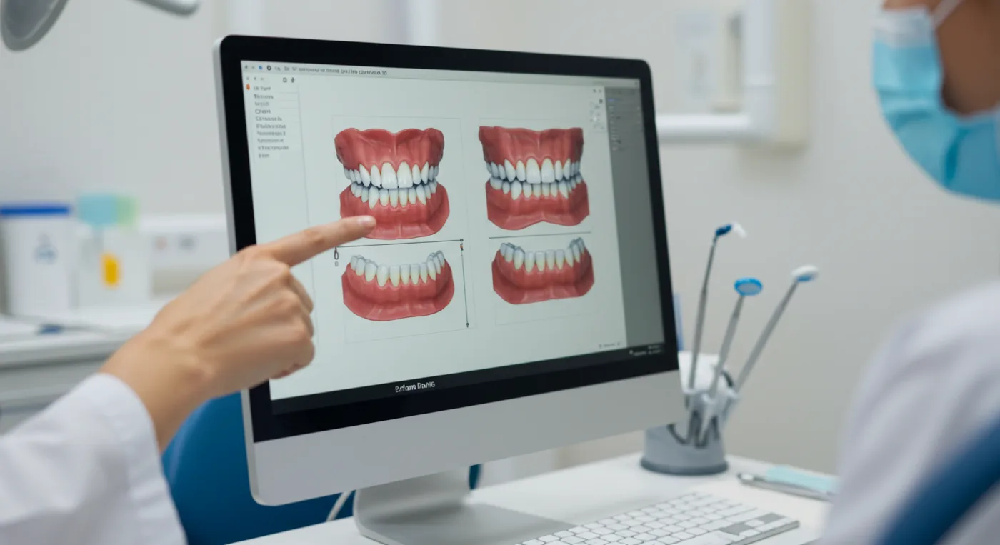 Dentista mostrando imágenes de moldes dentales 3D en monitor con ayuda de escáner intraoral