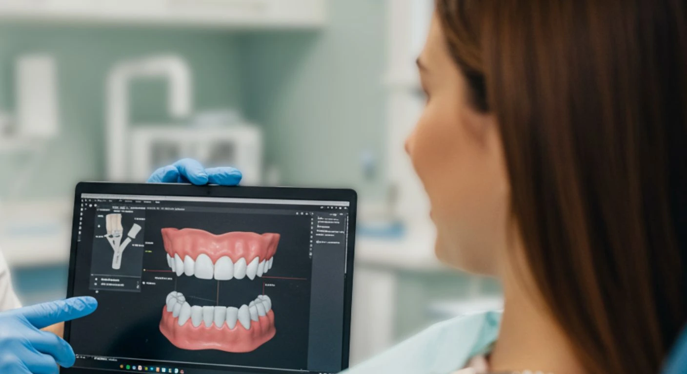 Joven de vista lateral sentado en unidad dental que está por recibir tratamiento de salud oral